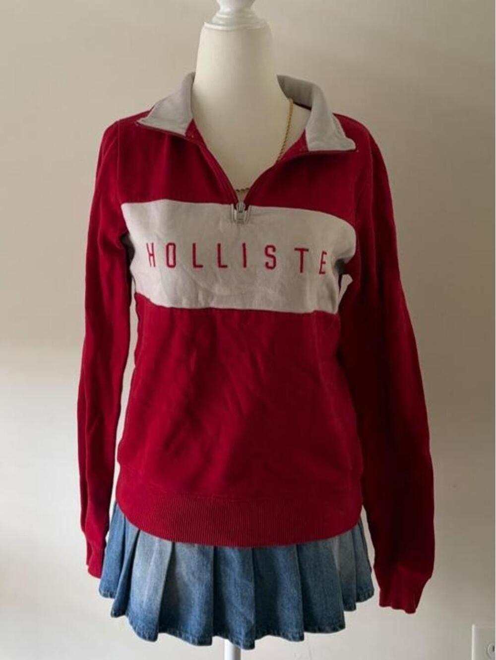 Y2K Hollister California Red Quarter Zip Pullover Sweatshirt White Panel